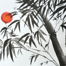 Bambus i słońce, japońskie malarstwo sumi-e. Original Akwarela A4