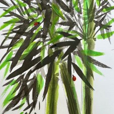 Bambus i biedronki, japońskie malarstwo sumi-e. Original Akwarela A4