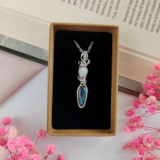 Naszyjnik Kamień Księżycowy z Labradorytem stal chirurgiczna wisiorek handmade wirewrapping