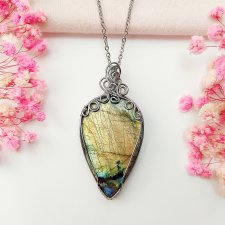 Naszyjnik Labradoryt stal chirurgiczna wisiorek handmade wirewrapping