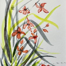 Dzika orchidea. japońskie malarstwo sumi-e. Original Akwarela A4