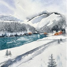 Jezioro w Alpach. Original Akwarela A4