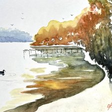 Kaczki na jeziorze original akwareli A4