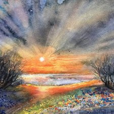 Zachód słońca nad rzeką Original Akwarela A4