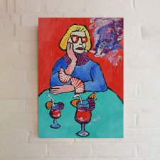 obraz do salonu olejny portret babcia z drinkiem