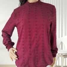 Bordowa bluzka z haftem angielskim H&M – 100% wiskoza, rozmiar M