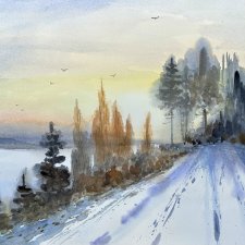 Cichy zimowy wieczór. akwarela 44*32 cm ręcznie malowana.