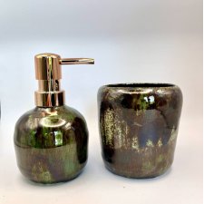 Zestaw ceramicznych akcesoriów łazienkowych – dozownik na mydło, kubek, mydelniczka, ręcznie robione, zielony,  niebieski, turkusowy, miedziany
