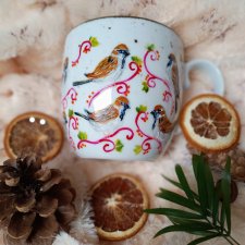 Barwny ręcznie malowany kubek ptasi raj wróbelki 480ml