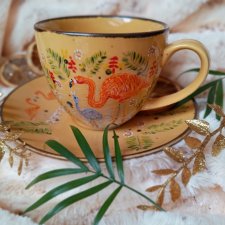 Barwny ręcznie malowany komplet 300ml. Talerzyk filiżanka