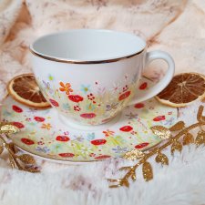 Barwny ręcznie malowany komplet kwiaty 300ml talerzyk filiżanka