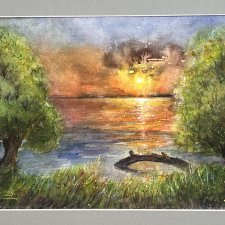 Zachód słońca nad rzeką Original Akwarela A4