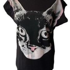 Vintage Y2K Cat Face T-Shirt | Oversized Black Animal Print Tee | kot bluzka