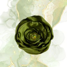Broszka satynowy kwiat z koralikami - oliwkowy zielony