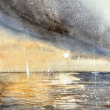 Morze o zachodzie słońca akwarela 30x21cm