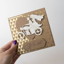Kartka ślubna z parą młodą na motocyklu