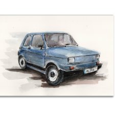 Akwarela ręcznie malowana  samochód Fiat 126p