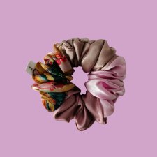 Gumka jedwabna, scrunchie, frotka jesienne kwiaty pudrowy róż MAXI