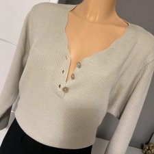 Sweter dekolt v beżowy w prążek 45 % bawełna guziki przy dekolcie r.L