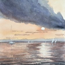 Morze o zachodzie słońca akwarela 42/30 cm, A3