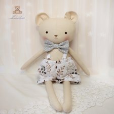 Miś Antoś przytulanka w spodenkach białych w leśne wzorki, handmade