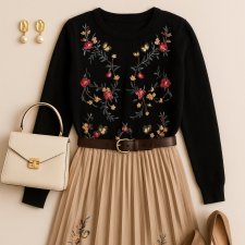 Vintage Sweter z Haftem i Aplikacjami | Wełna wiskoza | Rozmiar S Folk Old money