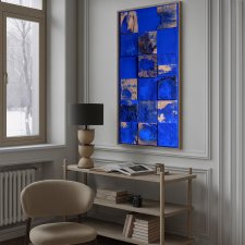 Obraz abstrakcyjny niebieski – fakturalna kompozycja z papieru i płótna 60x120 cm