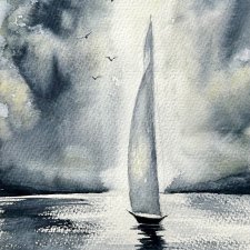Żaglówka na morzu. Akwarela A4