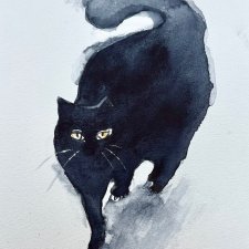 Czarny kot Original Akwarela A5