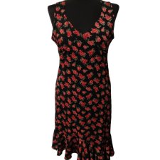 Czarna asymetryczna sukienka bez rękawów w czerwone kwiaty, falbanka, S/M, styl flamenco