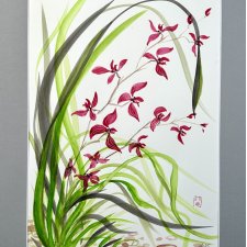 Wdzięk orchidei.42*30 cm japońskie malarstwo sumi-e. Original Akwarela