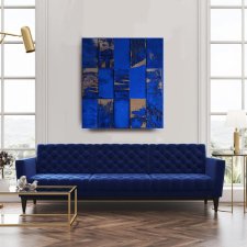 Abstrakcyjny obraz na płótnie – ultramaryna i tektura – akryl i papier, 90 x 100 cm