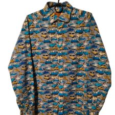 Koszula męska Simon Carter M/L vintage retro auta żółto-niebieska bawełna 100% made in Portugal casual elegancka