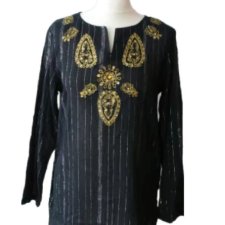 Czarna tunika boho vintage z haftem złote zdobienia L unikat