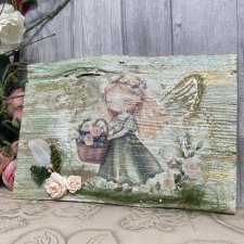 Anioł stróż na desce, obraz decoupage, prezent pod choinkę