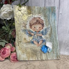 Anioł stróż na desce, obraz decoupage, prezent pod choinkę