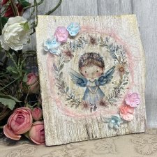 Anioł stróż na desce, obraz decoupage, prezent pod choinkę