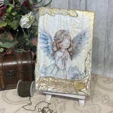 Anioł stróż na desce, obraz decoupage, prezent pod choinkę