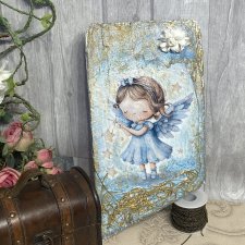Anioł stróż na desce, obraz decoupage, prezent pod choinkę
