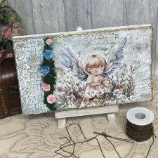 Anioł stróż na desce, obraz decoupage, prezent pod choinkę