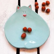 Miętowy talerzyk deserowy kot - Rękodzieło na prezent - Polski Handmade - Lamabo Ceramics