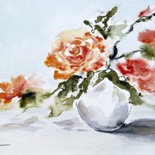 Pomarańczowe róże Original Akwarela A4