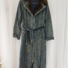 Vintage płaszcz przeciwdeszczowy długo jeans denim sztuczne futro 40 L