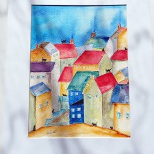 Akwarela w białym passe-partou Domki 30*21 cm