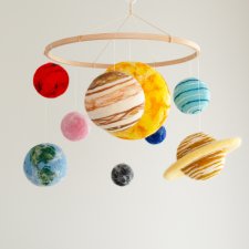 Mobil z planetami układu słonecznego • Karuzela montessori nad łóżeczko niemowlęce • Kosmiczna dekoracja pokoju dziecka w stylu astronomia i galaktyka