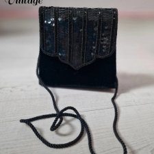 Mini torebka wieczorowa vintage welur czarna cekiny koraliki