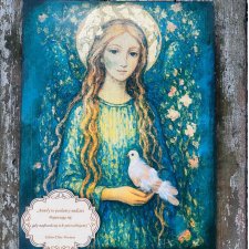 Anioł na desce 30 x 42 cm – z gołębiem i przesłaniem serca, życzenia