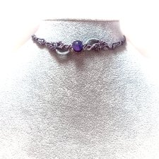 MROCZNY OGRÓD z Ametystem w makramie choker pleciony fioletowo srebrny