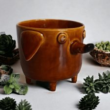Brązowa doniczka ceramiczna pies Azorek - osłonka na prezent - Rękodzieło – Lamabo
