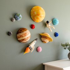 Duży zestaw 3D planet układu słonecznego z rakietą, astronautą i księżycem • Dekoracja pod sufit i na ścianę do pokoju dziecka